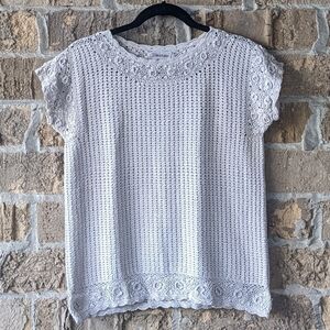 Vintage 70s Bando Hand Made Crochet Blouse Beige Neutral Medium